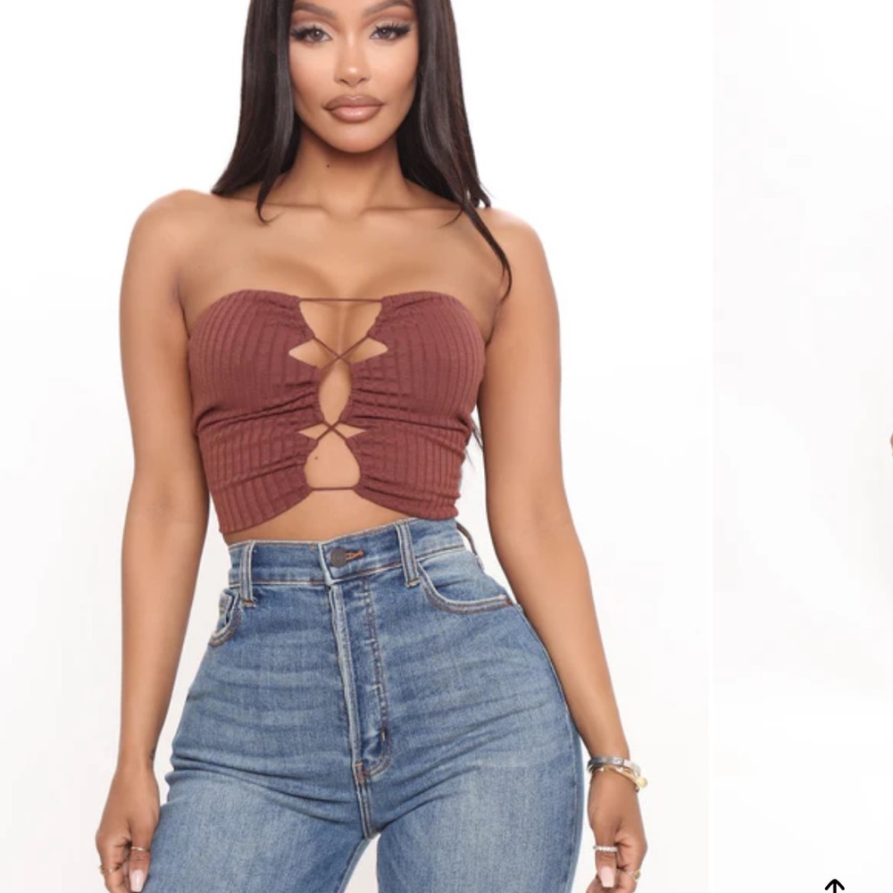 Brown Ribbed Strapless Crop Top